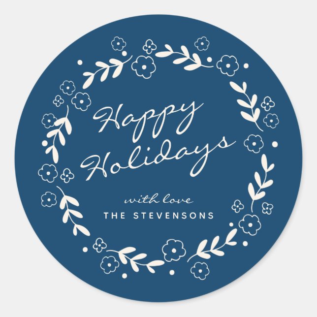 Stilvoll Blue Happy Holidays Floral Simple Custom Runder Aufkleber (Vorderseite)
