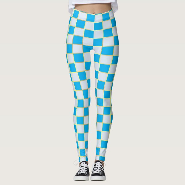 Stilvoll Blue White & Gold Schachbrett Square Yoga Leggings (Vorderseite)