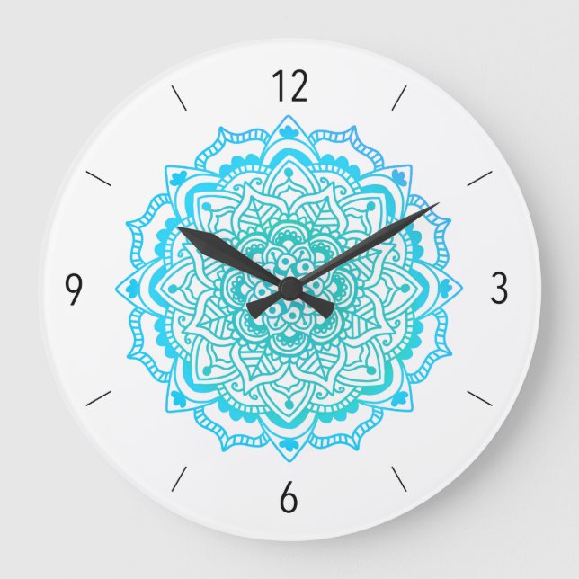 Stilvoll Bohemisches Türkis Mandala Große Uhr (Vorderseite)