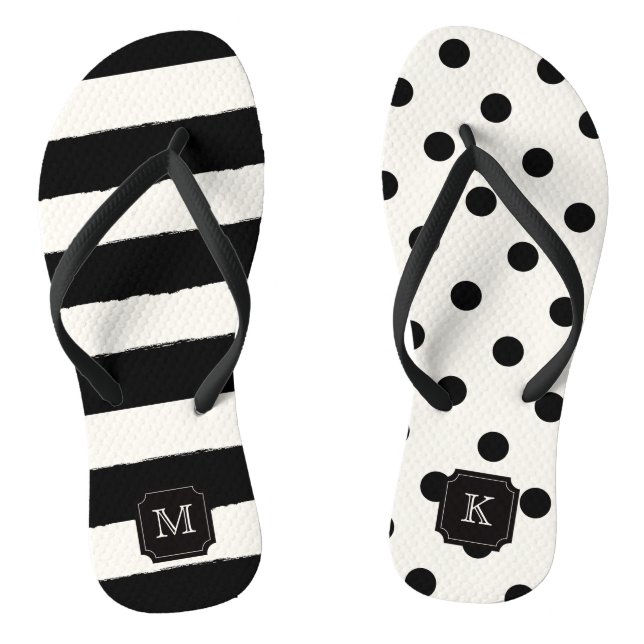 Stilvoll Chic Modern Black Dots & Stripes Monogram Flip Flops (Fußbett)