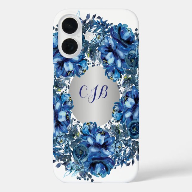 Stilvoll Cobalt Blue Floral iPhone 16 Hülle (Rückseite)