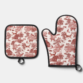 Stilvoll Elegant Red Toile Fox Rabbit Ofenhandschuh & Topflappen-Set