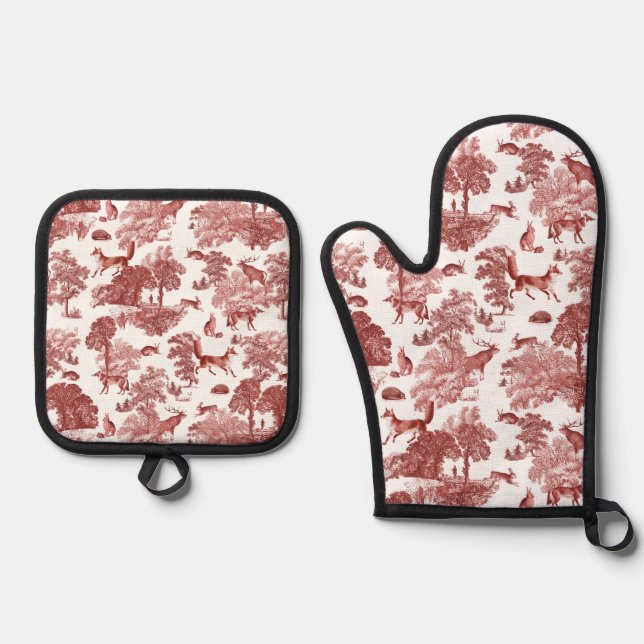 Stilvoll Elegant Red Toile Fox Rabbit Ofenhandschuh & Topflappen-Set (Vorderseite)