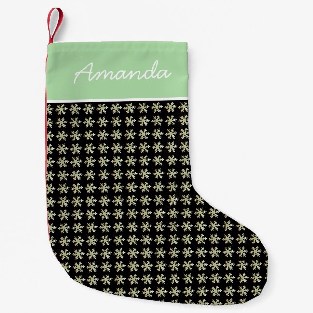 Stilvoll Elegant Snowflakes Schwarzer Name Kleiner Weihnachtsstrumpf (Vorderseite)
