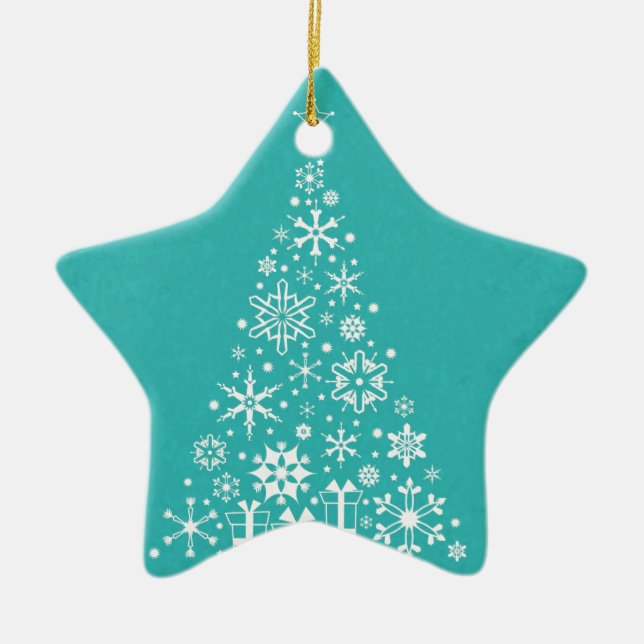 Stilvoll eleganter weißer und aquamariner Weihnach Keramikornament (Vorne)