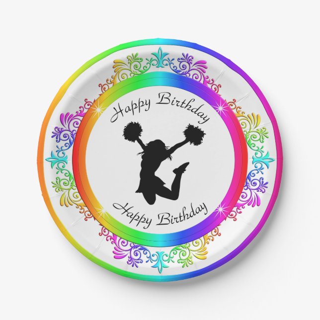 Stilvoll farbenfroh verzierte Cheerleader Birthday Pappteller (Vorderseite)