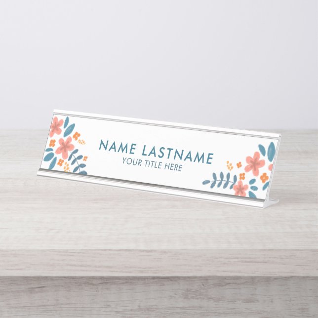 Stilvoll Feminine Fresh Pink Orange Blue Floral Schreibtischnamensplakette (Vorderseite )