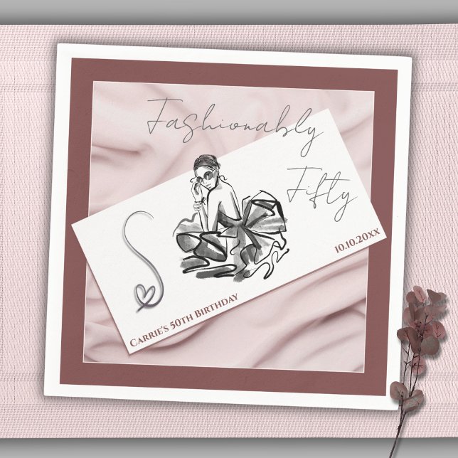 Stilvoll Fünfzig Chic Couture Cocktailservietten Serviette (Chic Fashionably Fifty cocktail napkins with couture fashion sketch and terracotta border.)