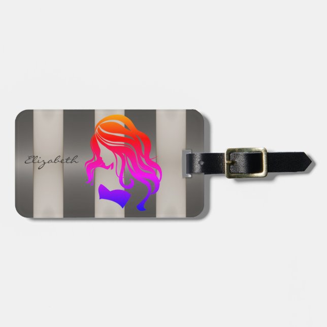 Stilvoll gestreift - Girl-Silhouette, Personalisie Gepäckanhänger (Vorderseite horizontal)