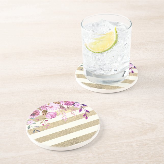 Stilvoll gestreiftes, florales Gold Getränkeuntersetzer (Seite)