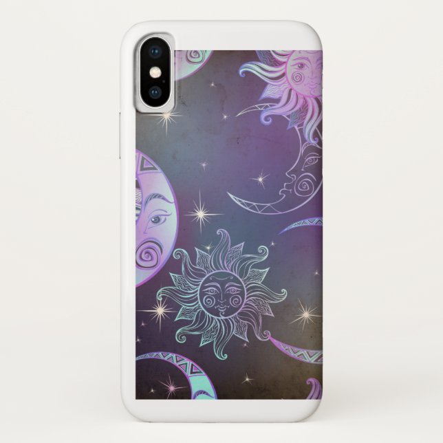Stilvoll gezeichneter Sonnenmond sieht Sterne lila Case-Mate iPhone Hülle (Rückseite)