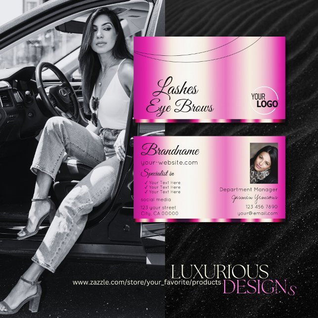 Stilvoll Girly Pink glamourös mit Logo und Foto Visitenkarte (Von Creator hochgeladen)