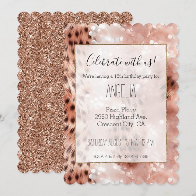 Stilvoll Girly Pink Rose Gold Leopard Glitz Einladung (Vorne/Hinten)