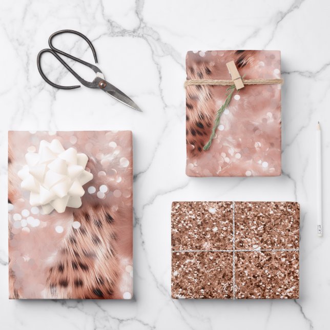 Stilvoll Girly Pink Rose Gold Leopard Glitz Geschenkpapier Set (Vorderseite)
