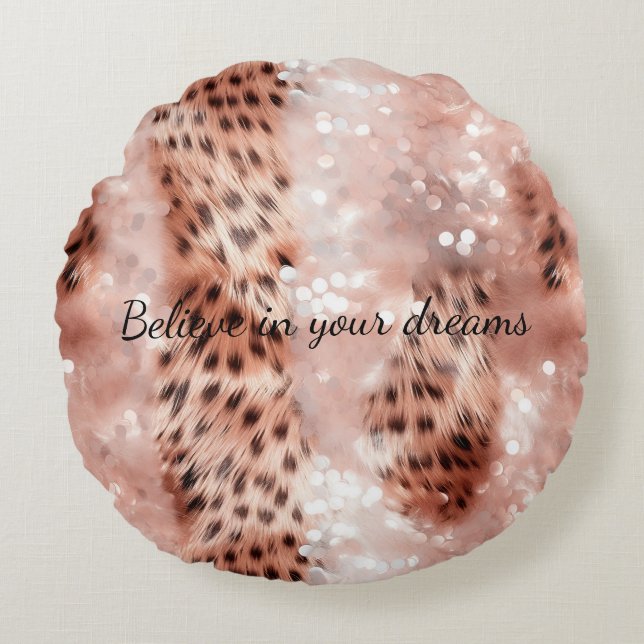 Stilvoll Girly Pink Rose Gold Leopard Glitz Rundes Kissen (Vorderseite)