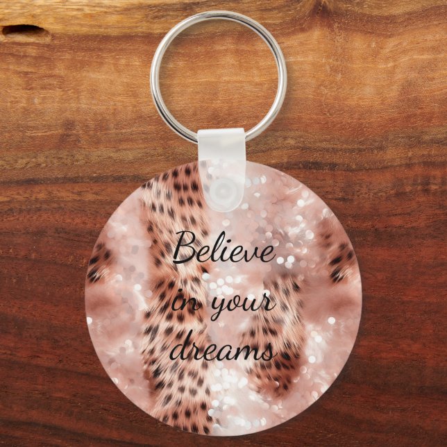Stilvoll Girly Pink Rose Gold Leopard Glitz Schlüsselanhänger (Vorderseite)
