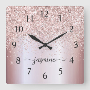 Stilvoll Glänzende Roségold Monogramm Namensunters Quadratische Wanduhr