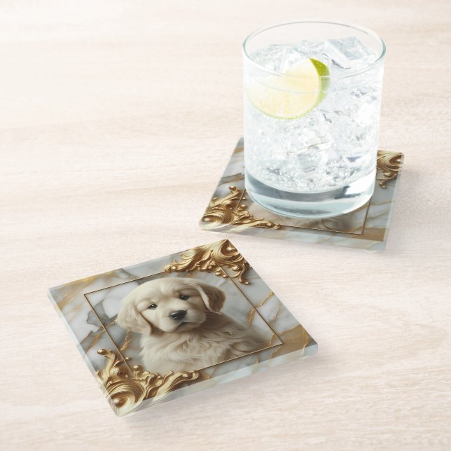 Stilvoll goldener Retriever Marmorstil Glasuntersetzer (Schrägansicht)