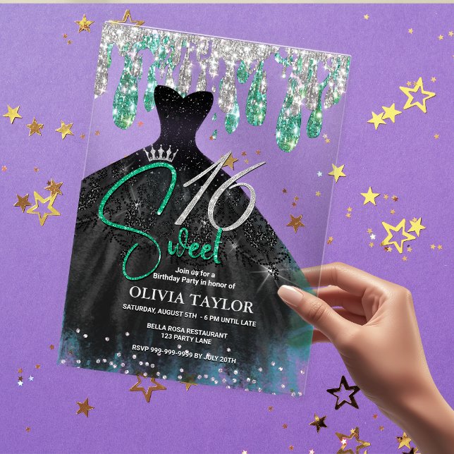 Stilvoll grünes schwarzes Kleid süß 16 Monogramm Acryleinladungen (Von Creator hochgeladen)