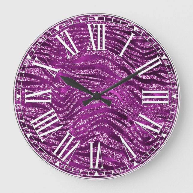 Stilvoll Lila Glitzer Wild Tiger Streifen Muster Große Wanduhr (Vorderseite)