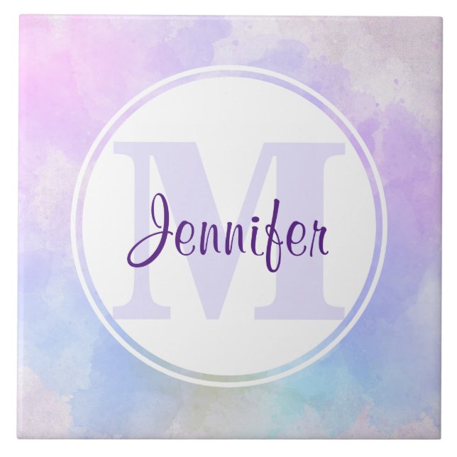 Stilvoll Lila Pink Blue Watercolor Monogram Fliese (Vorderseite)