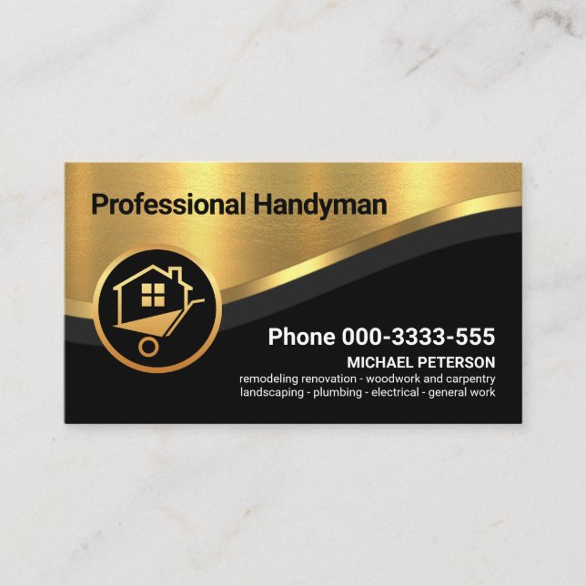 Stilvoll luxuriöser Gold Curve Wave Handyman Visitenkarte (Vorderseite)