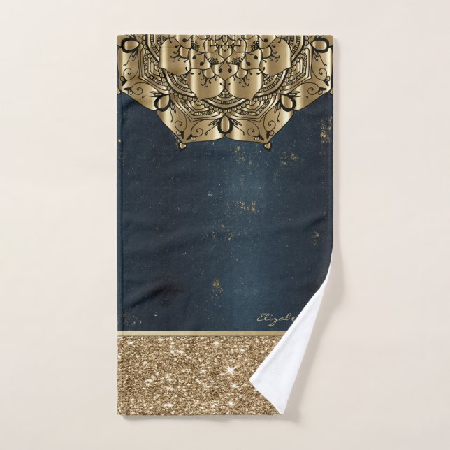 Stilvoll Mandala,Gold Stripes Glitzer Navy Blue Badhandtuch Set (Handtuch)