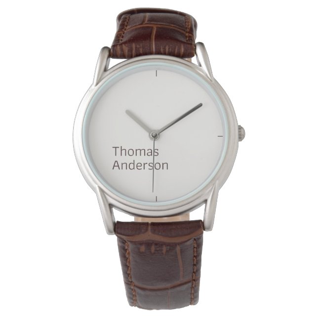 Stilvoll Minimalistisches Textdesign auf Weiß Armbanduhr (Vorderseite)