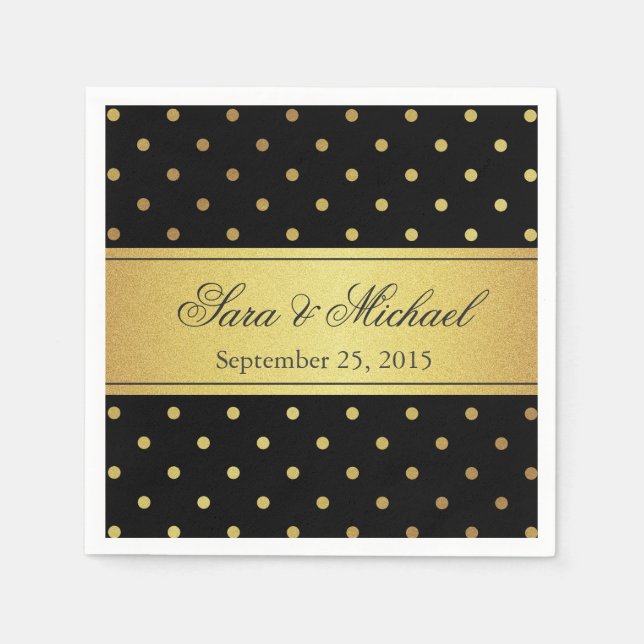 Stilvoll Mit Monogramm - schwarze und goldene Polk Serviette (Vorderseite)