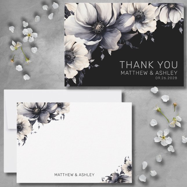 Stilvoll Moderne Elegante Schwarze Hochzeit Dankeskarte (Stylish Modern Elegant Floral Black White Wedding Thank You Card)