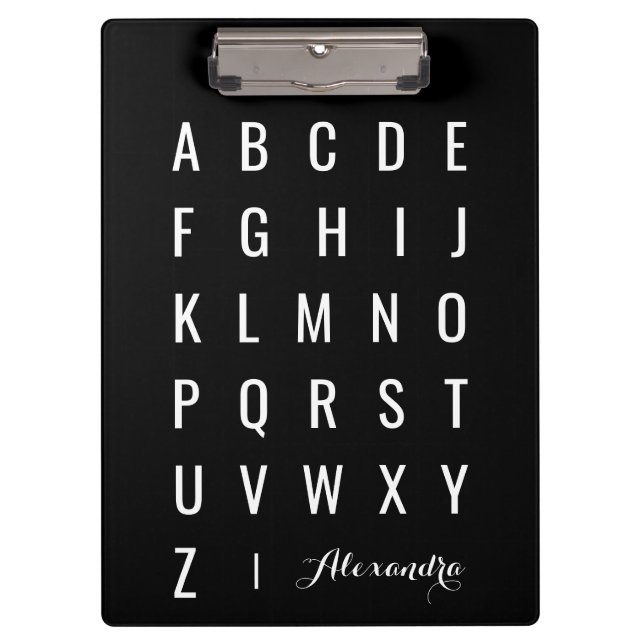 Stilvoll moderne Schwarz-Weiß-Alphabete Klemmbrett (Vorderseite)