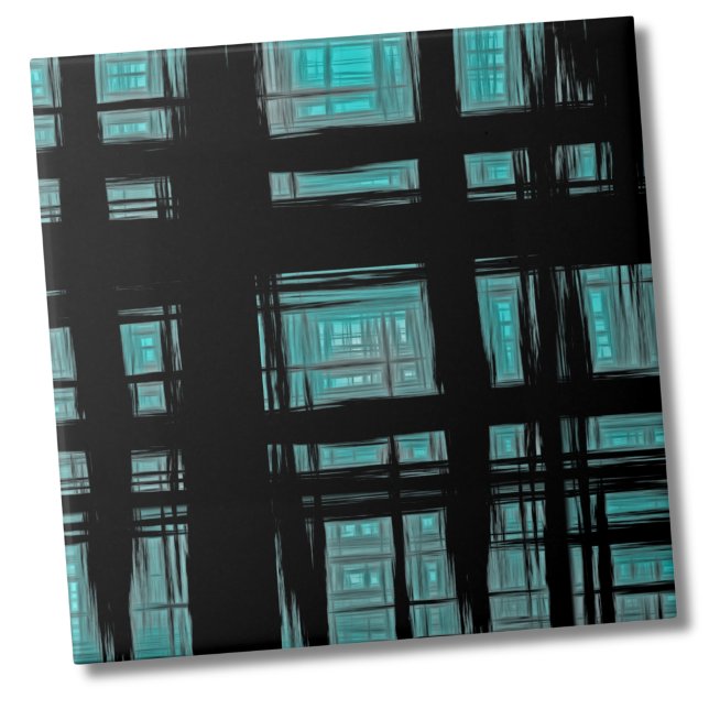 Stilvoll modernes Kariertes Muster Fliese (Stylish Abstract Turquoise Black Plaid Pattern ceramic tile)