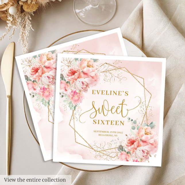 Stilvoll Pink Sage und Gold Floral Sweet 16 Serviette (Stylish Pale Pink Sage and Gold Floral Sweet Sixteen Napkins)