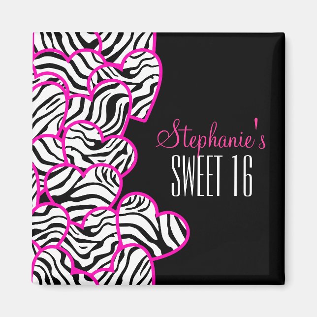 Stilvoll Pink Sweet 16 Zebra Herzdesign Name Magnet (Vorne)