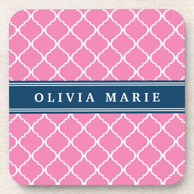 Stilvoll Pink Trellis Pattern Navy Blue Namplate Getränkeuntersetzer (Vorderseite)
