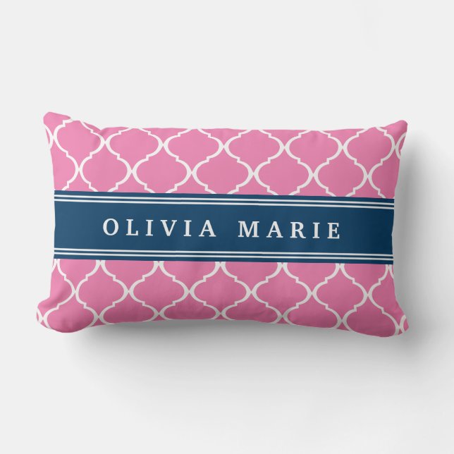 Stilvoll Pink Trellis Pattern Navy Blue Namplate Lendenkissen (Vorderseite)