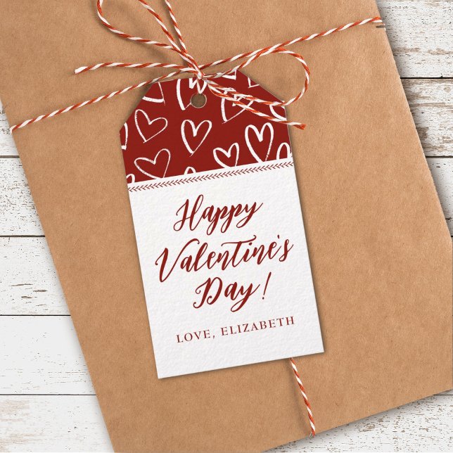Stilvoll Red White Hearts Happy Valentines Day Geschenkanhänger (A elegant and modern Valentine's Day gift tag. Personalize it with your name)