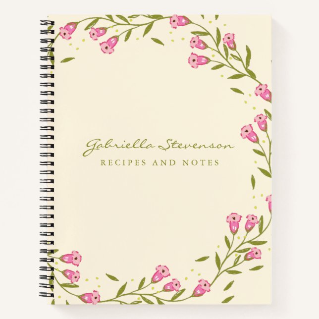 Stilvoll rosa Blumenreath Individuelle Name Rezept Notizbuch (Vorderseite)
