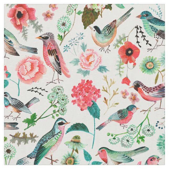 Stilvoll rosa en Green pattern Blume Bird Muster Stoff (Nahaufnahme)
