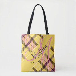 Stilvoll rosa gelbes Kariertes Tartan | Name hinzu Tasche