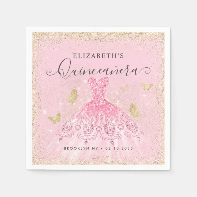 Stilvoll Rosa Glitzer Gown Quinceañera Serviette (Vorderseite)