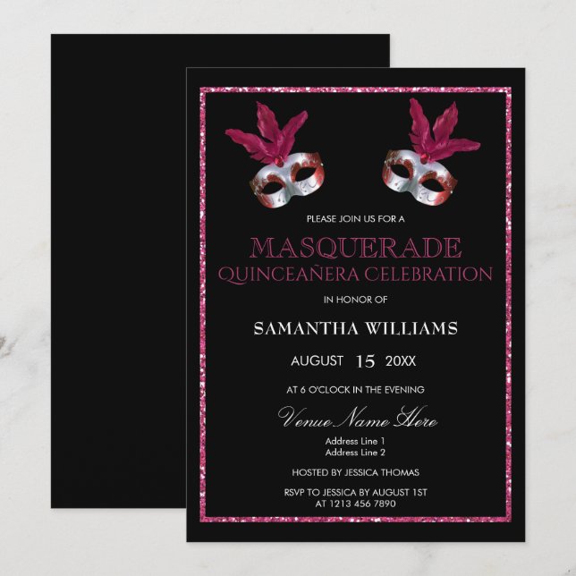 Stilvoll rosa Glitzer Masquerade Quinceañera Einladung (Vorne/Hinten)