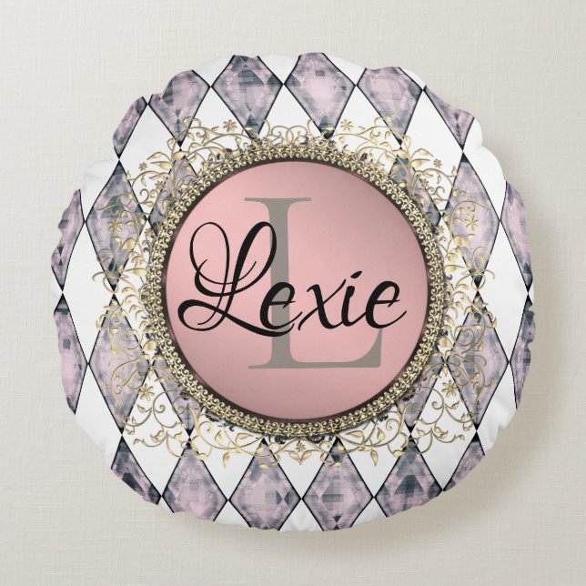 Stilvoll rosa Harlequin Monogram Rundes Kissen (Vorderseite)