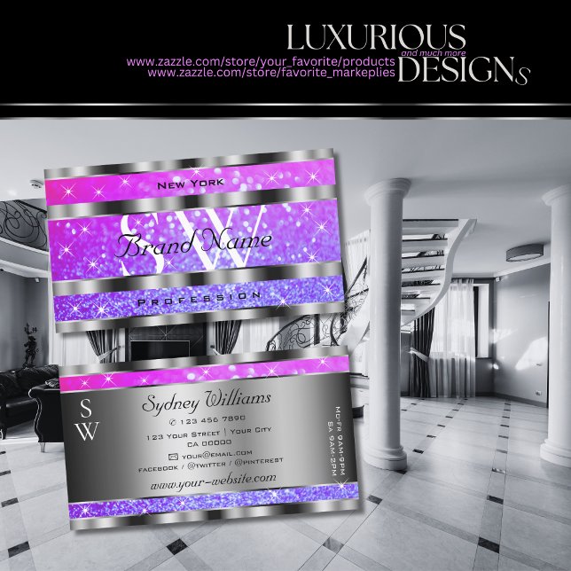 Stilvoll rosa Lila Glitzer Stars Monogram Silver Visitenkarte (Von Creator hochgeladen)