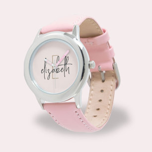 Stilvoll rosa Moderne Script Girls Monogram Name Armbanduhr