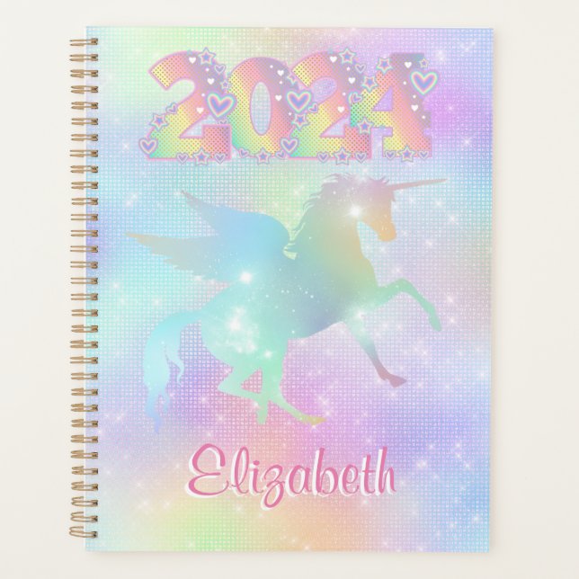 Stilvoll rosa Rainbow unicorn Glitzer 2024 Planer (Vorderseite)