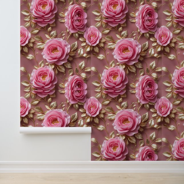 Stilvoll rosa Rose Gold botanische Selbstklebrigke Tapete (Anwendung)