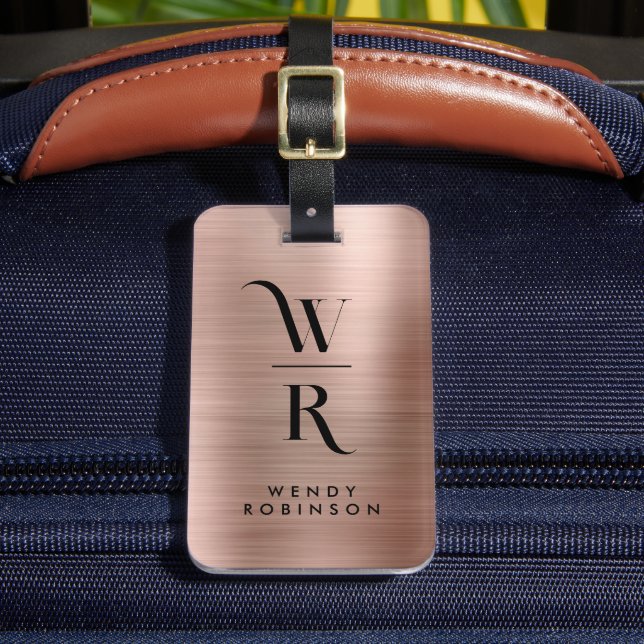 Stilvoll rosa Rose Gold Metal Two Monogram Initial Gepäckanhänger (Vorderseite Insitu 2)
