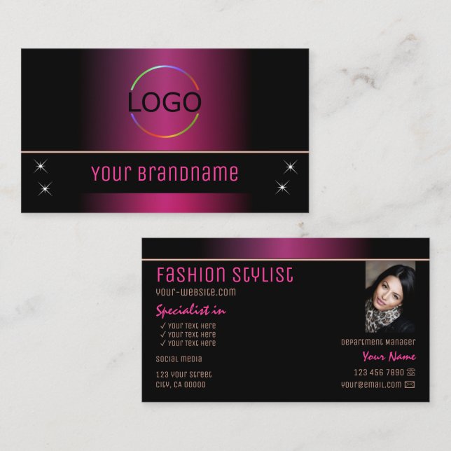 Stilvoll rosa Schwarz Moderne mit Logo und Foto Visitenkarte (Vorne/Hinten)