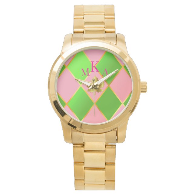 Stilvoll rosa und grüne Raute Monogram Armbanduhr (Vorderseite)
